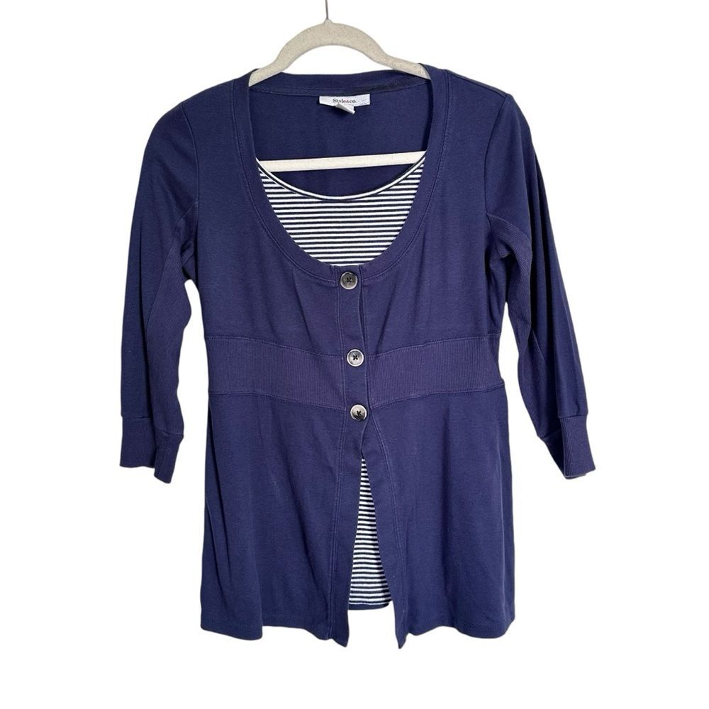 Style & Co Women’s Sz S 90s /Y2K Faux Striped Top & Sweater Babydoll 3/4 Sleeve